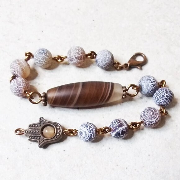 Earth Tones! Lovely Shades of Brown! Mixed Agate Bracelet + Copper + Hamsa Hand - Picture 1 of 10